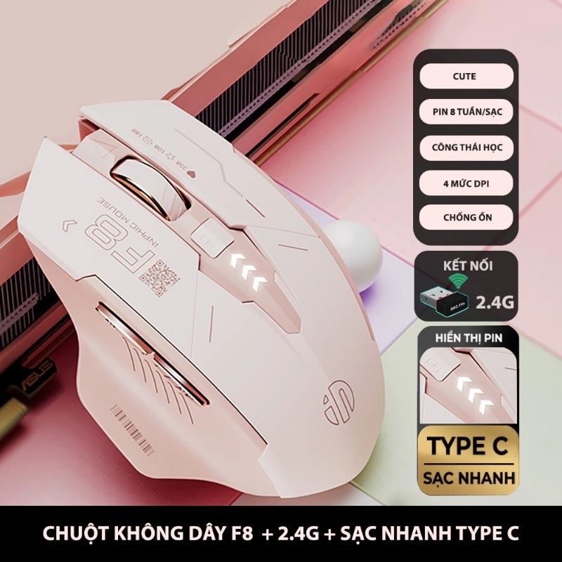 ￼Chuột không dây pin sạc TEKKIN INPHIC F8 trà sữa cute gaming silent chống ồn ko dây bluetooth  wireless 2.4G máy tính