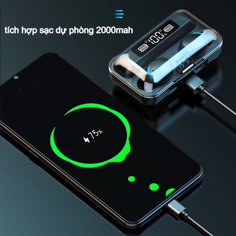 Tai nghe Bluetooth 5.0 TEKKIN F9 PRO - Nút Cảm Ứng Chống Nước - Pin Sạc 2000mah