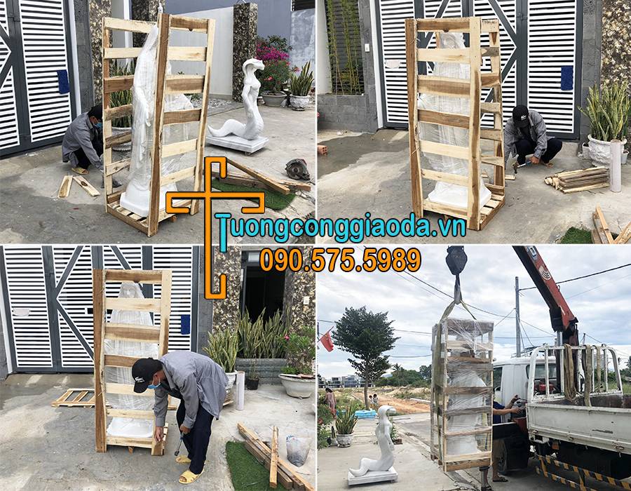 Tượng đức mẹ ban ơn đá đóng vào pallet gỗ an toàn