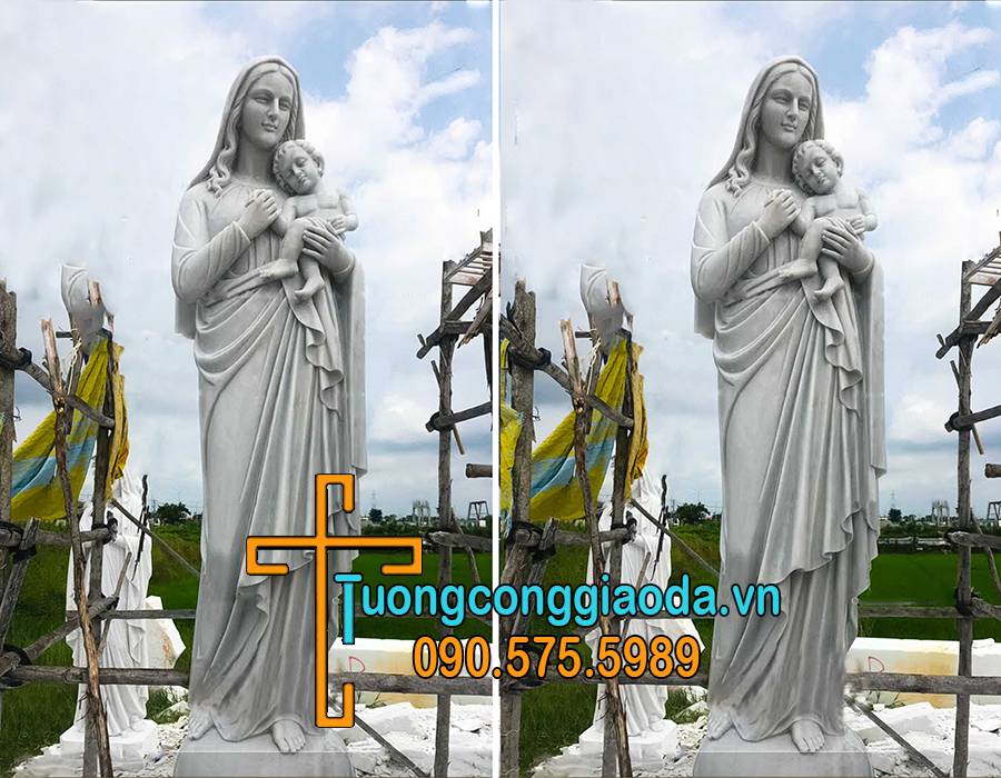 Tượng đức mẹ bế chúa hài đồng bằng đá trắng đẹp