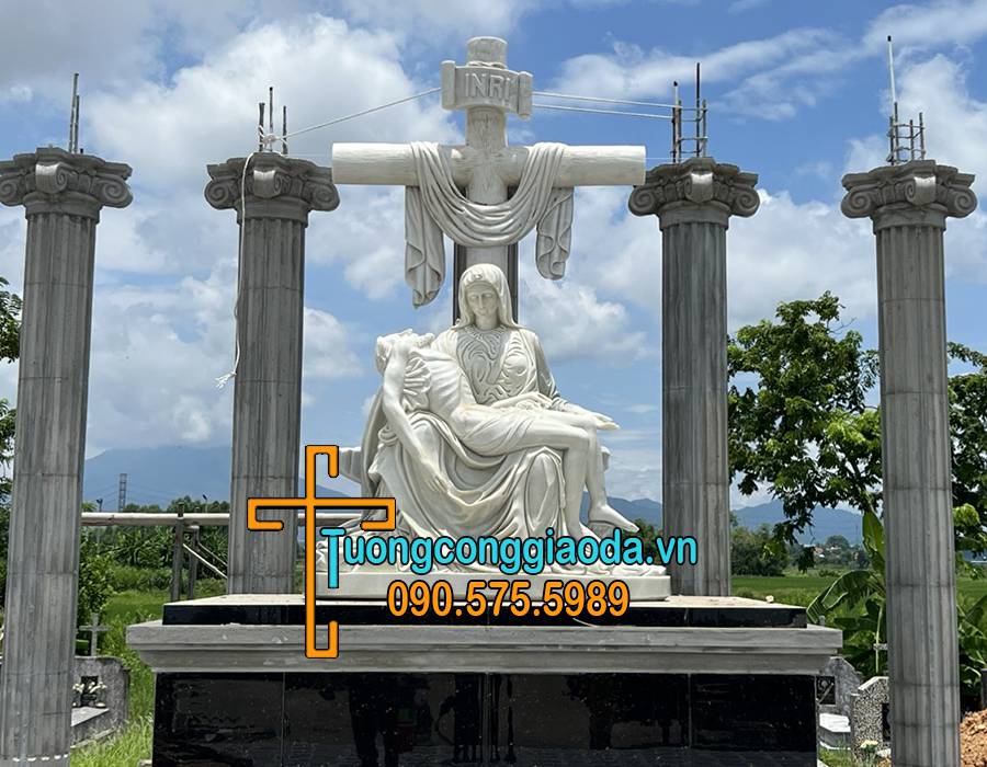 Tượng Đức Mẹ Sầu Bi Bằng Đá Trắng Đẹp Cao 1m6 Và Thánh Giá Cao 3m