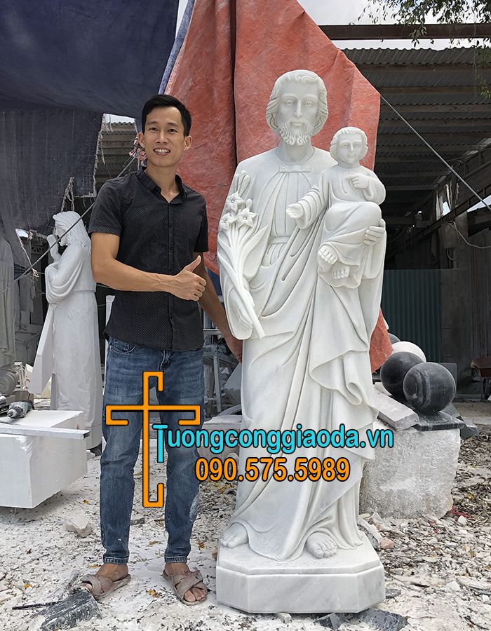 Tượng thánh giuse bồng chúa bằng đá trắng đẹp nhất cao 1m8.