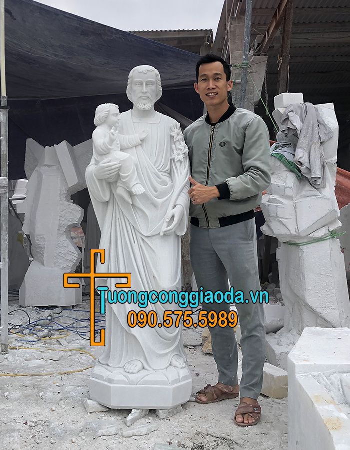 Tượng thánh cả giuse bằng đá trắng đẹp cao 1m5.