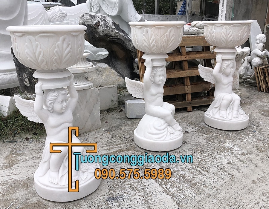 Tượng Thiên Thần Đội Chậu Hoa Bằng Đá Trắng Non Nước