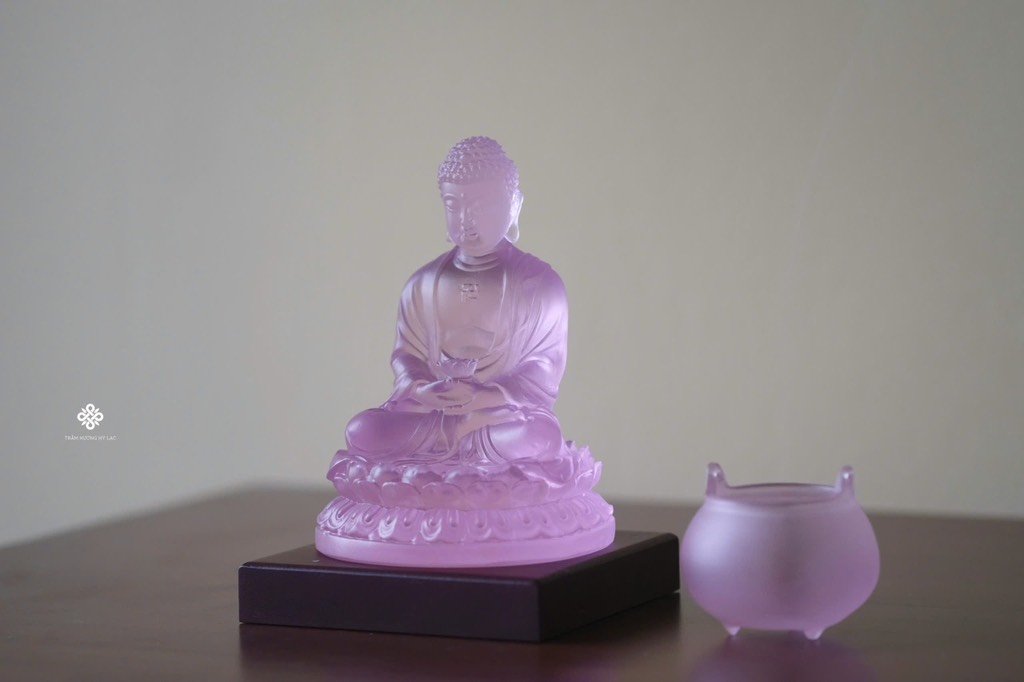 Tượng Đức Phật A Di Đà lưu ly hồng 13cm