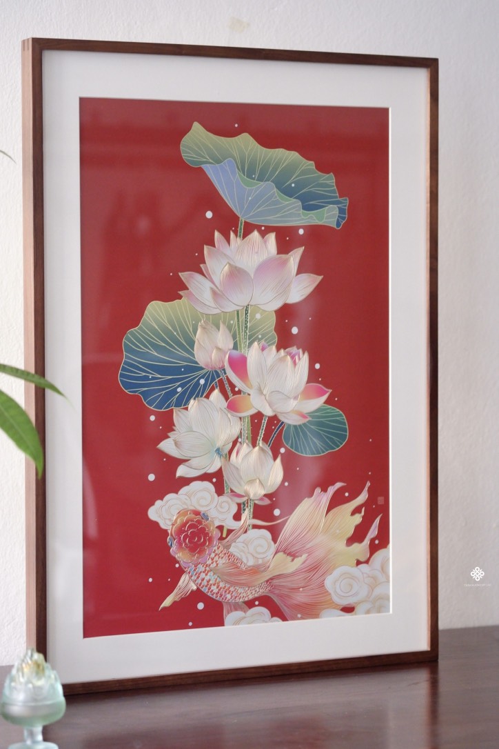 Tranh đồng khắc tay Liên ngư hỷ lạc