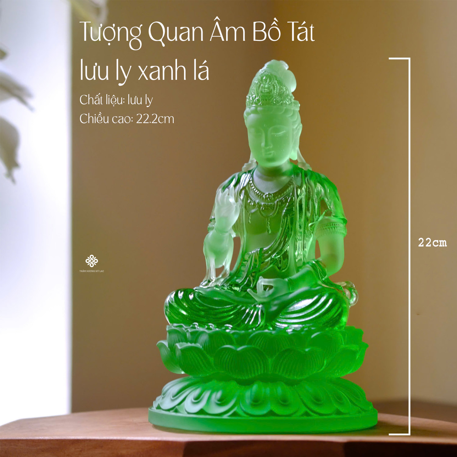 Tượng Quan Âm Bồ Tát lưu ly xanh lá 22.2cm