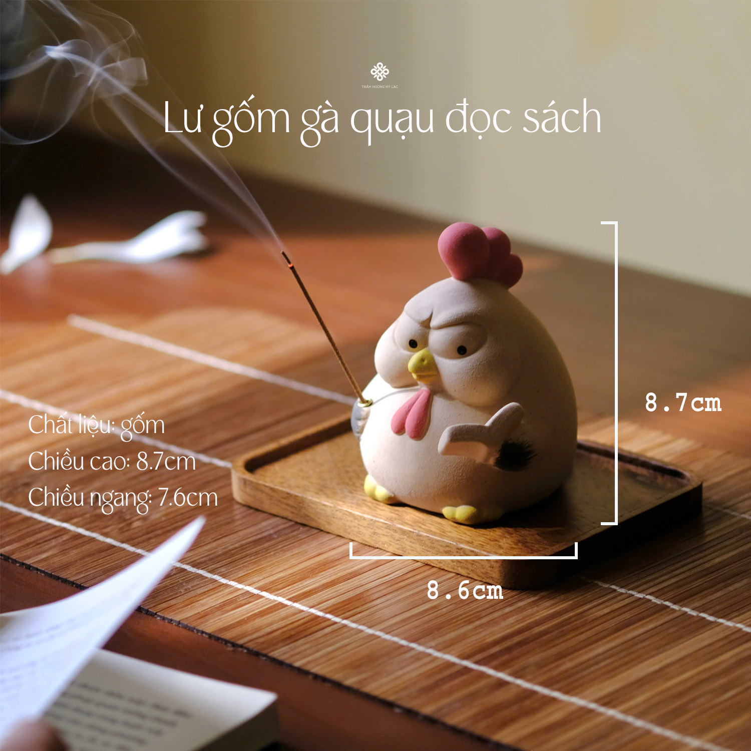 Lư gốm gà quạu đọc sách (kèm đế)