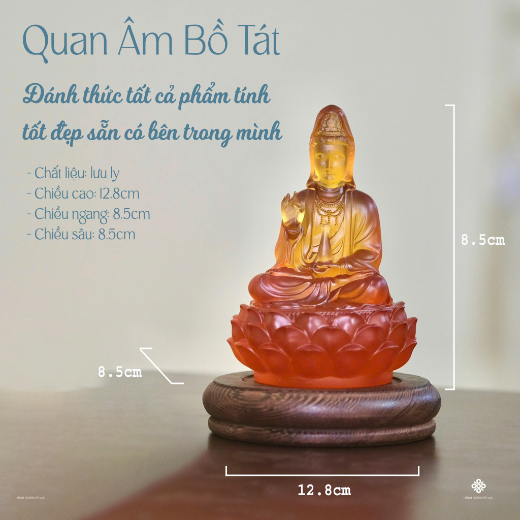 Tượng Quan Âm Bồ tát lưu ly hổ phách 12.8cm