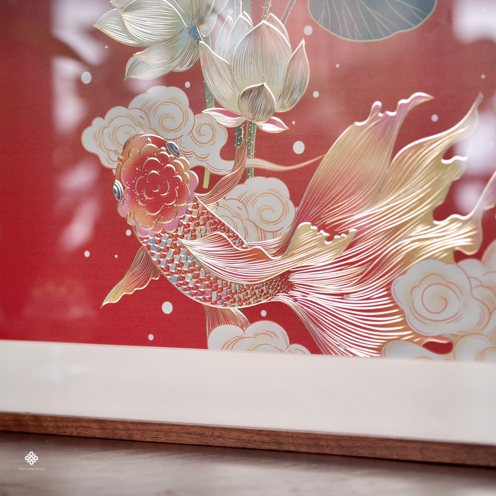 Tranh đồng khắc tay Liên ngư hỷ lạc