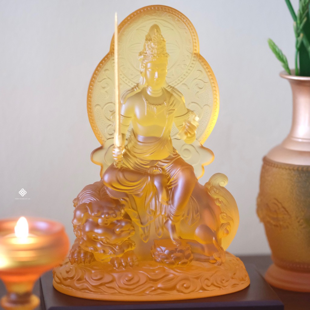 Tượng Văn Thù Bồ tát lưu ly vàng 18.5cm