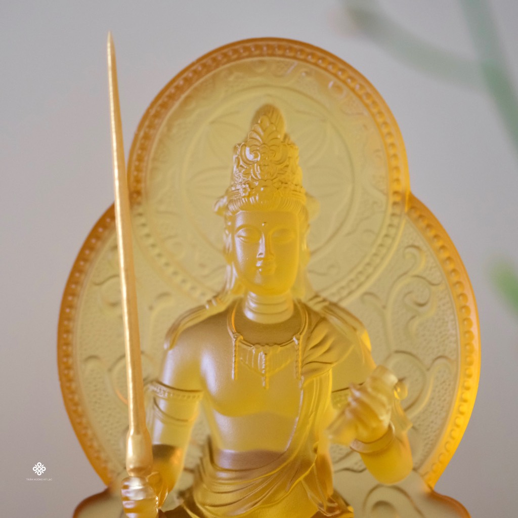 Tượng Văn Thù Bồ tát lưu ly vàng 18.5cm