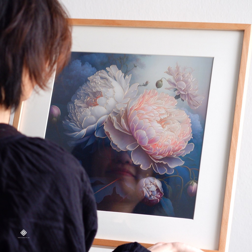 Tranh đồng khắc tay Mẫu đơn dịu dàng