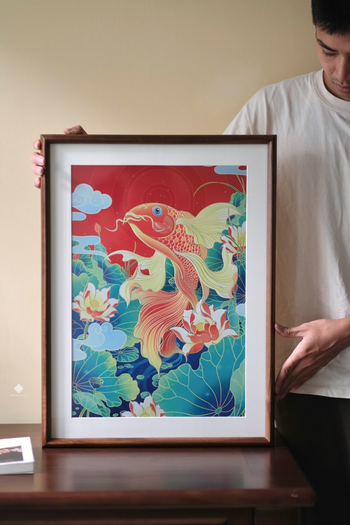 Tranh đồng khắc tay Liên hoa ngư vũ