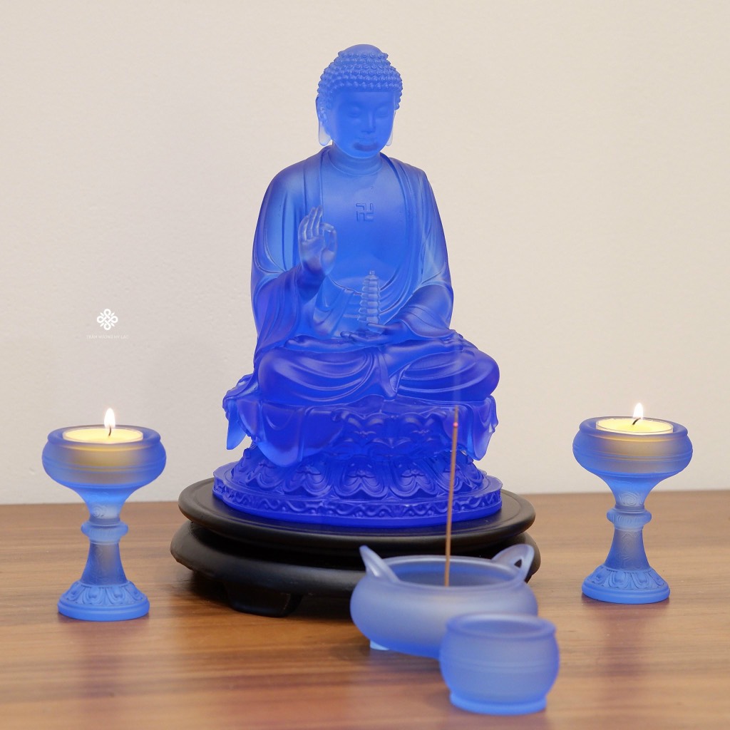 Tượng Đức Phật Dược Sư cầm bảo tháp lưu ly xanh 23cm