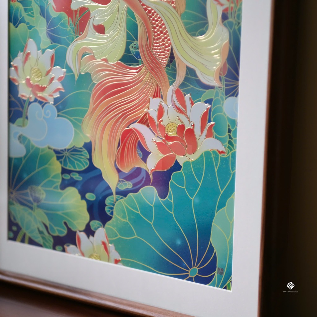 Tranh đồng khắc tay Liên hoa ngư vũ