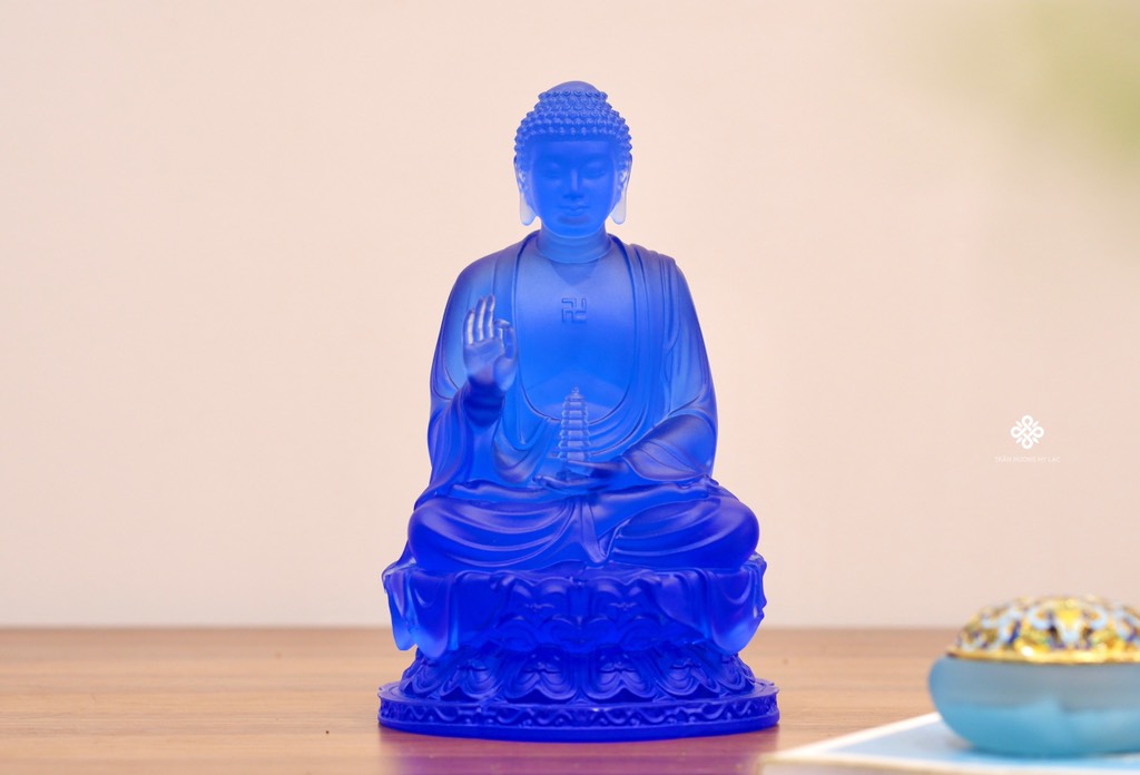 Tượng Đức Phật Dược Sư cầm bảo tháp lưu ly xanh 23cm