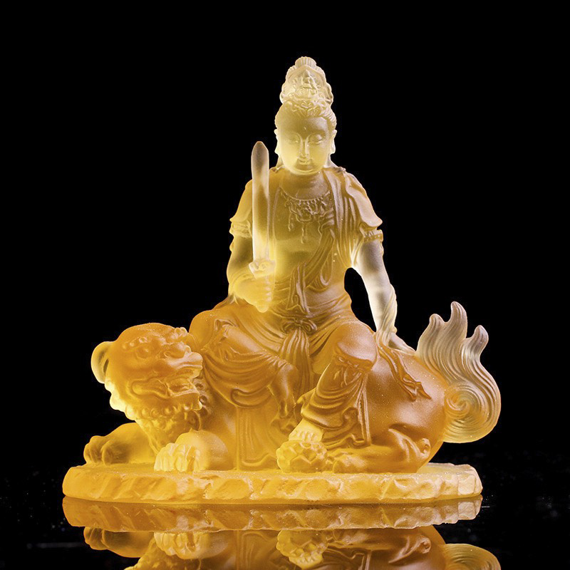 Tượng Văn Thù Bồ tát cưỡi sư tử lưu ly vàng 10.5cm