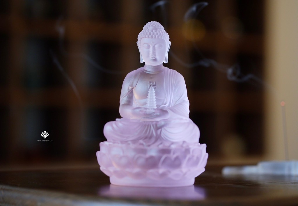 Tượng Đức Phật Dược Sư cầm bảo tháp lưu ly hồng 12.5cm