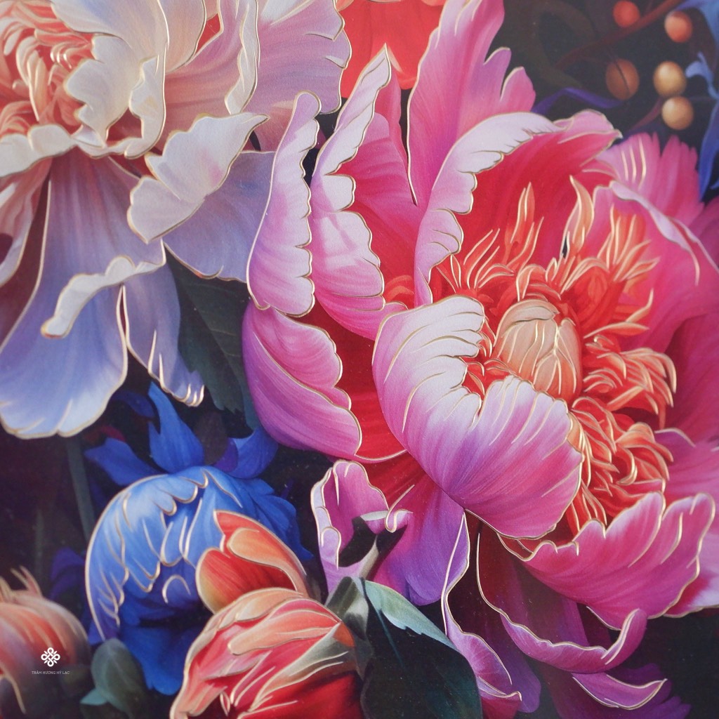 Tranh đồng khắc tay Mẫu đơn rực rỡ