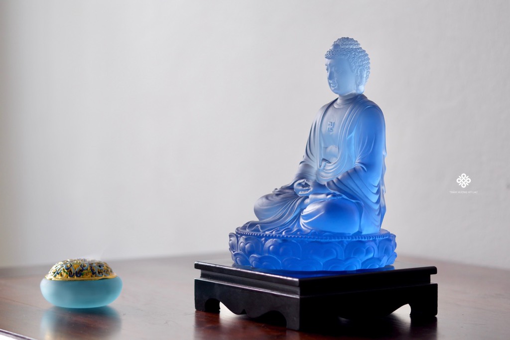 Tượng Phật A Di Đà lưu ly xanh 21cm