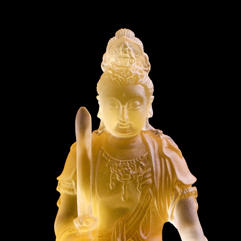 Tượng Văn Thù Bồ tát cưỡi sư tử lưu ly vàng 10.5cm