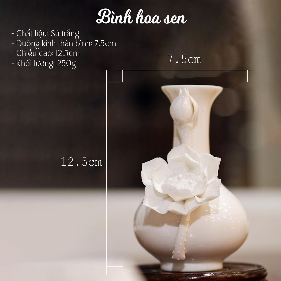 Bình hoa sen sứ trắng 12.5cm