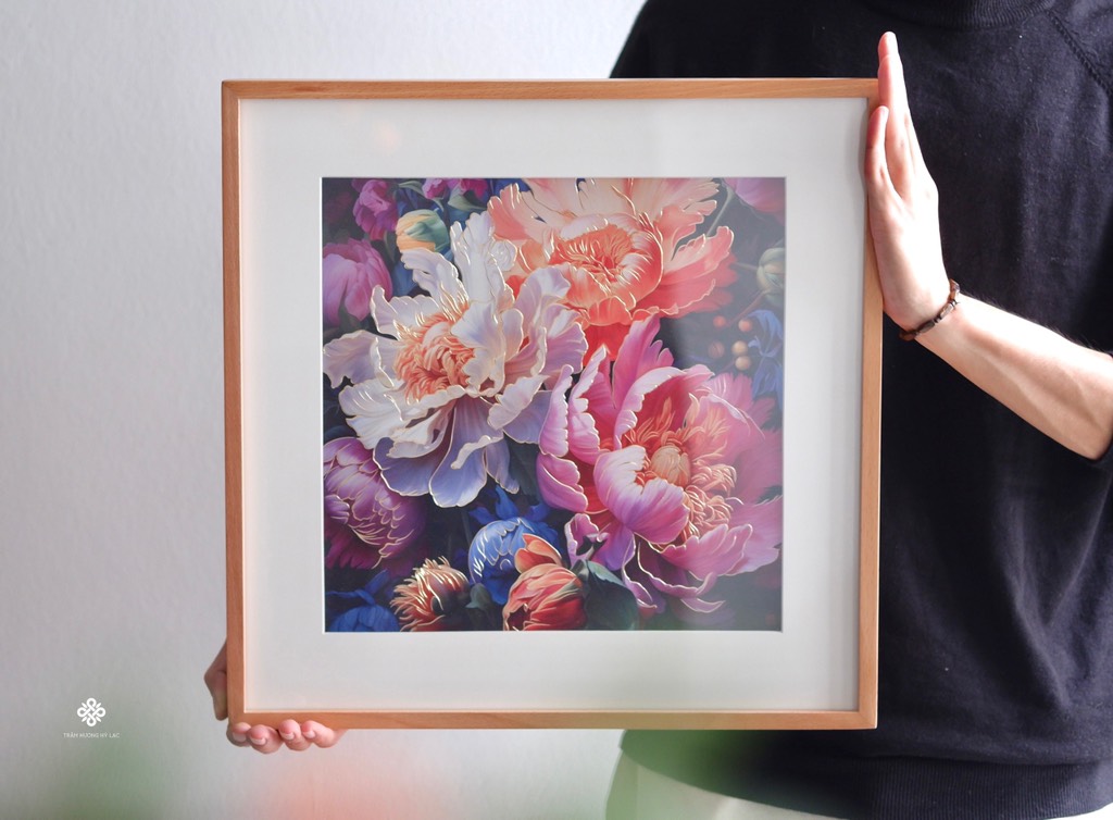 Tranh đồng khắc tay Mẫu đơn rực rỡ