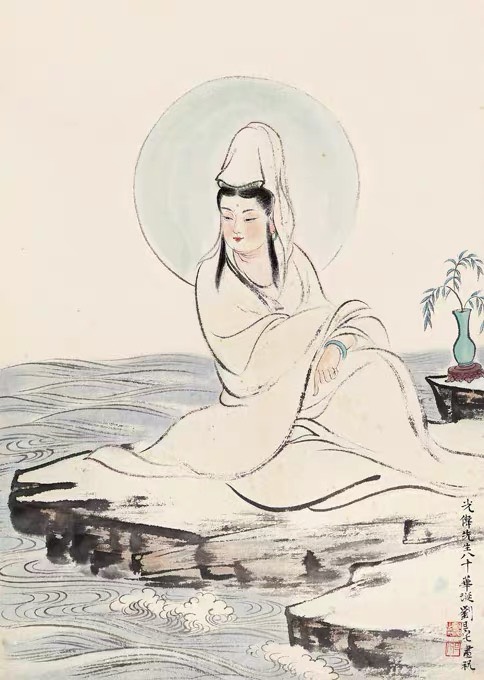 Tranh in giấy lụa Thuỷ Nguyệt Quán Âm 42x59cm