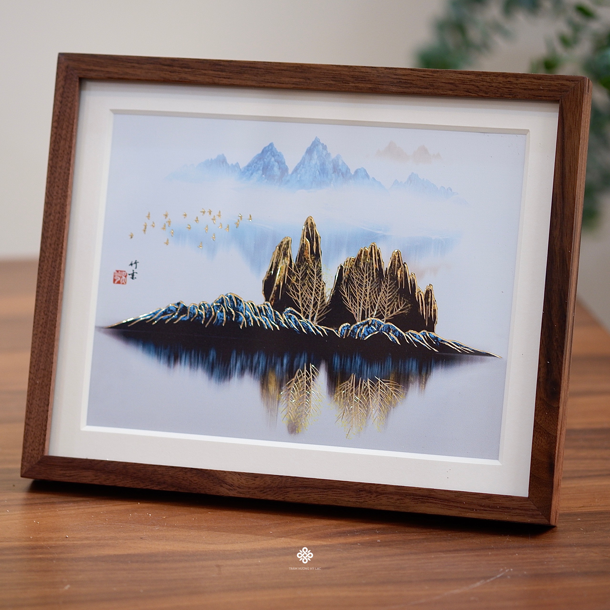 Tranh đồng khắc tay để bàn Khung trời thanh an