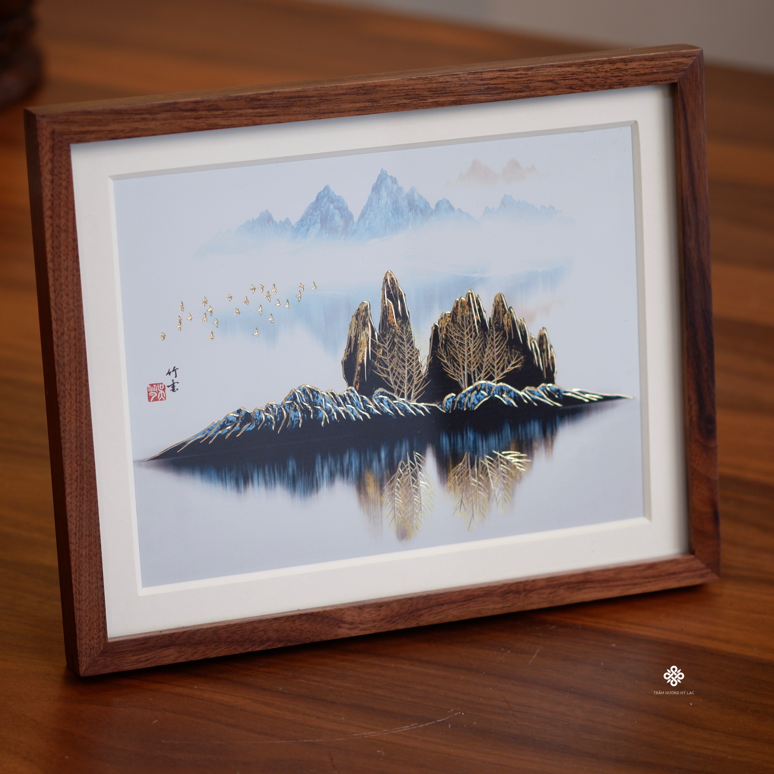 Tranh đồng khắc tay để bàn Khung trời thanh an