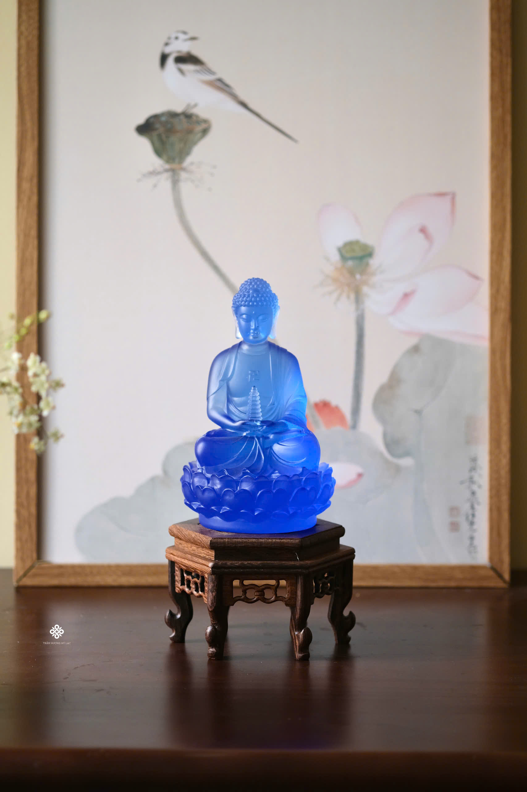 Tượng Đức Phật Dược Sư cầm bảo tháp xanh dương 18cm