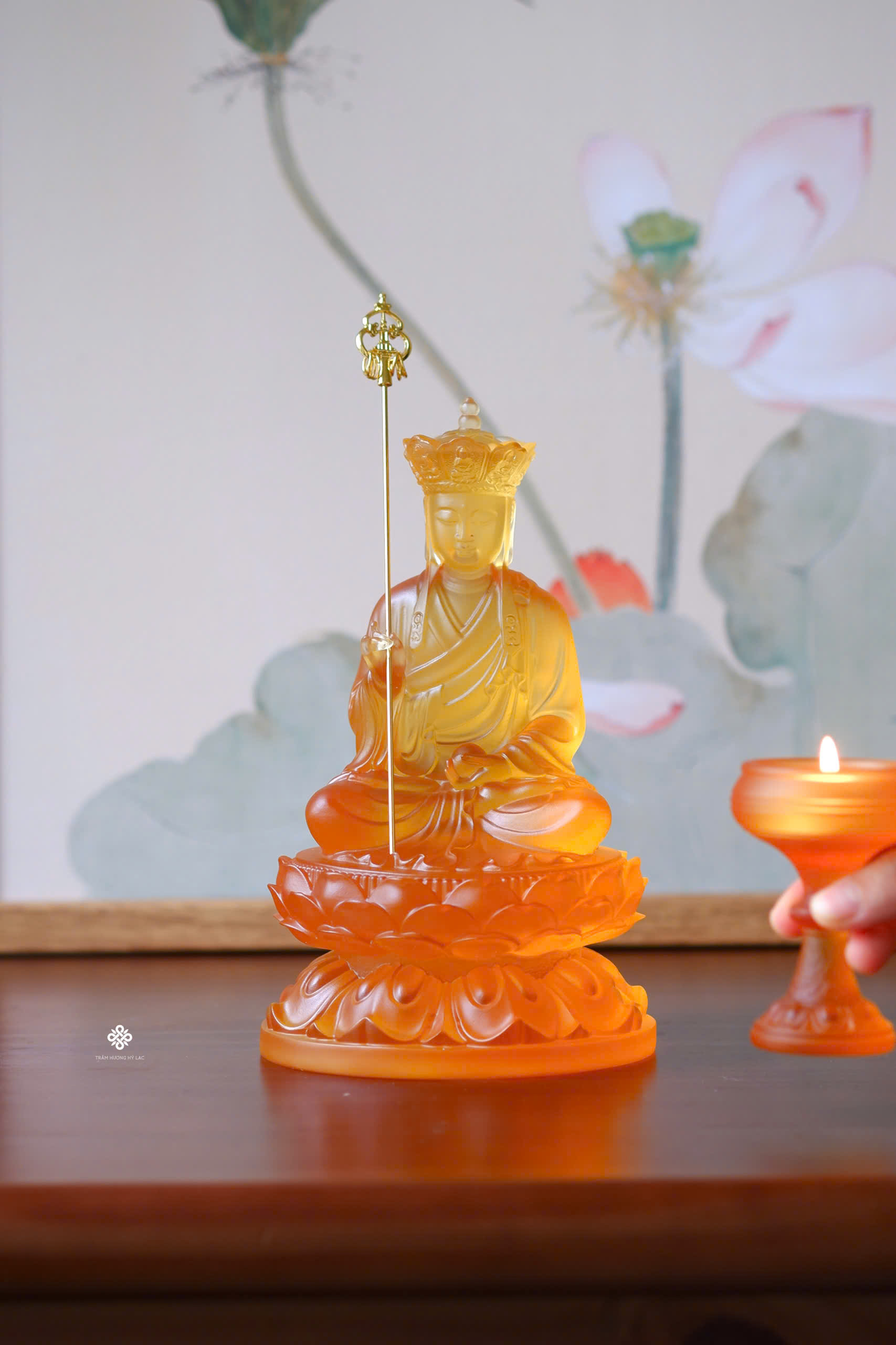 Tượng Địa Tạng Bồ Tát lưu ly vàng 22cm