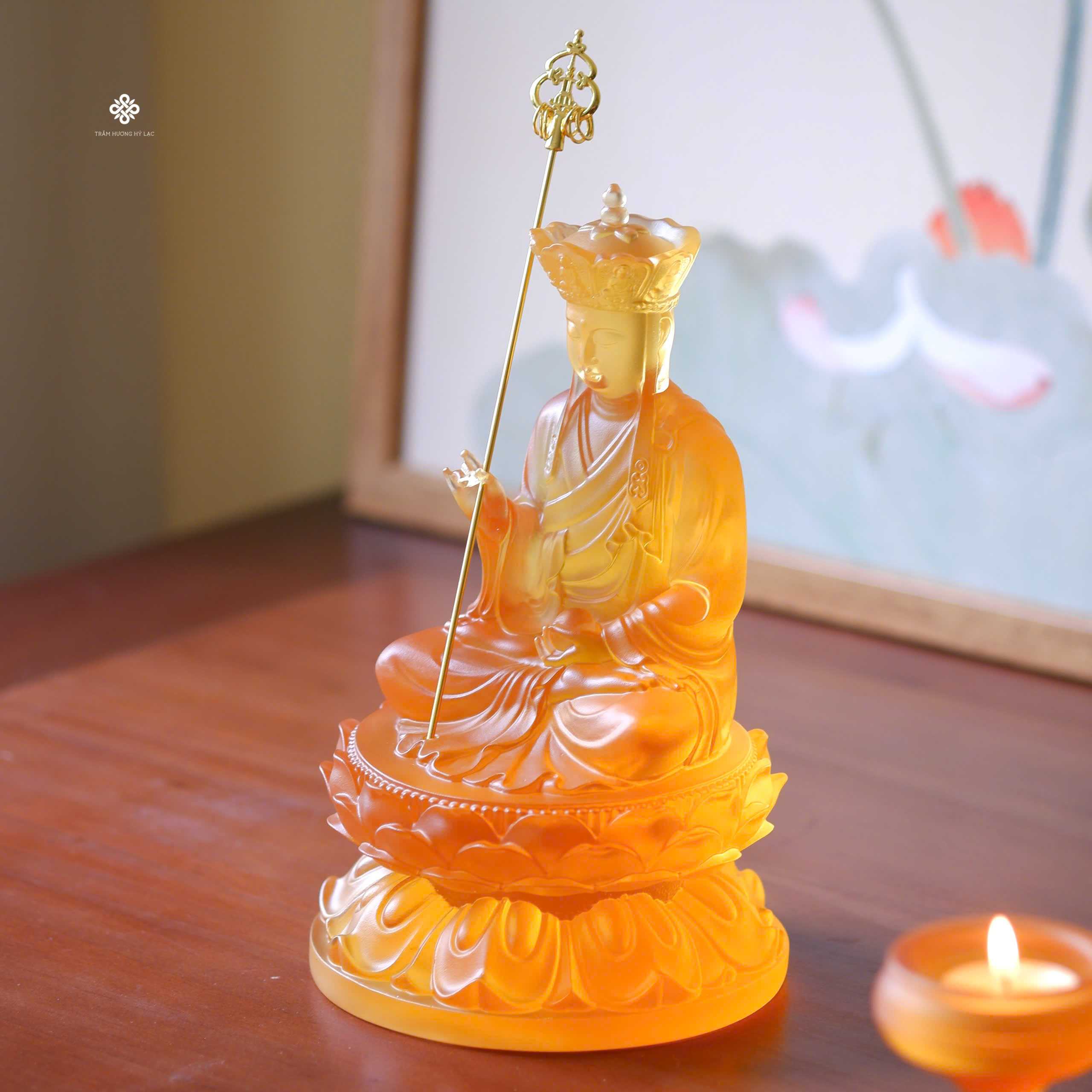 Tượng Địa Tạng Bồ Tát lưu ly vàng 22cm