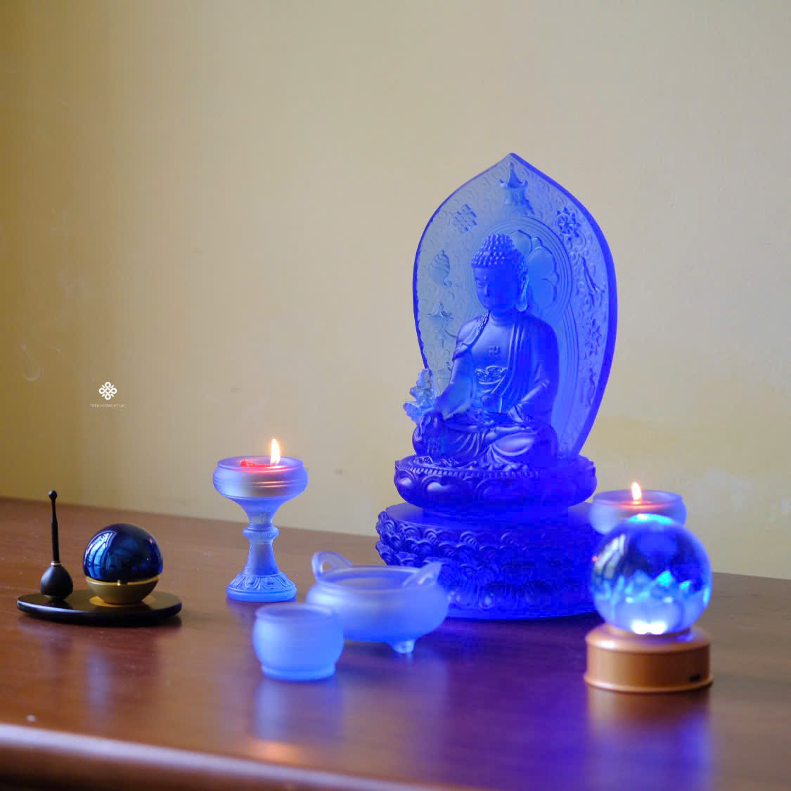 Tượng Đức Phật Dược Sư hào quang lưu ly xanh dương 22cm