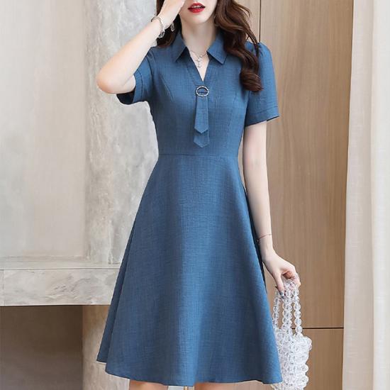 Đầm chữ A Kyeon Fashion cổ sơ mi thắt nơ khuyên