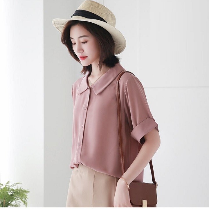 Áo sơ mi nữ ngắn tay kiểu cổ Lá Sen Vải