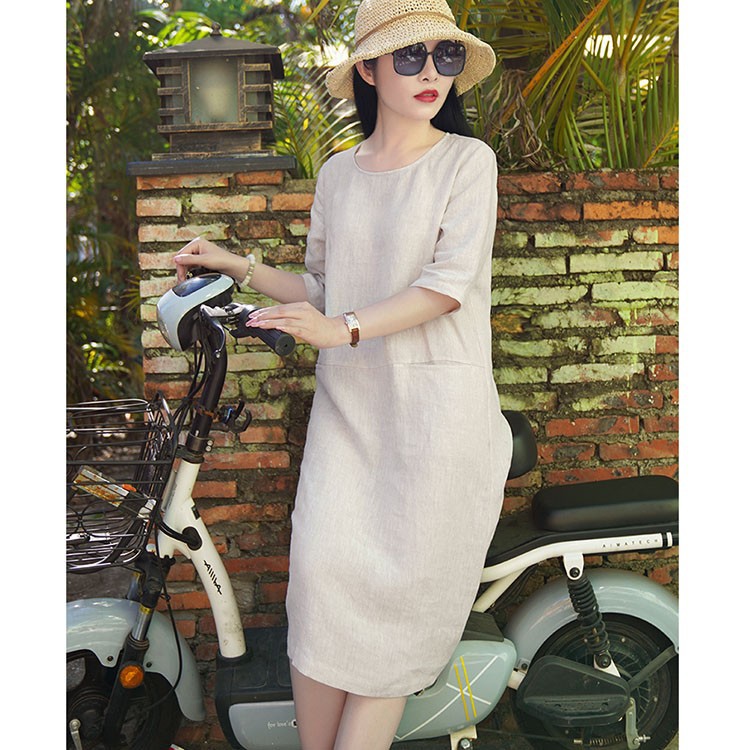 Đầm suông linen tay lỡ 2 túi bổ trước