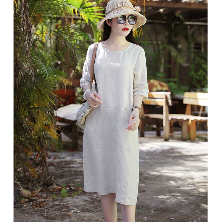 Đầm suông linen tay lỡ 2 túi bổ trước
