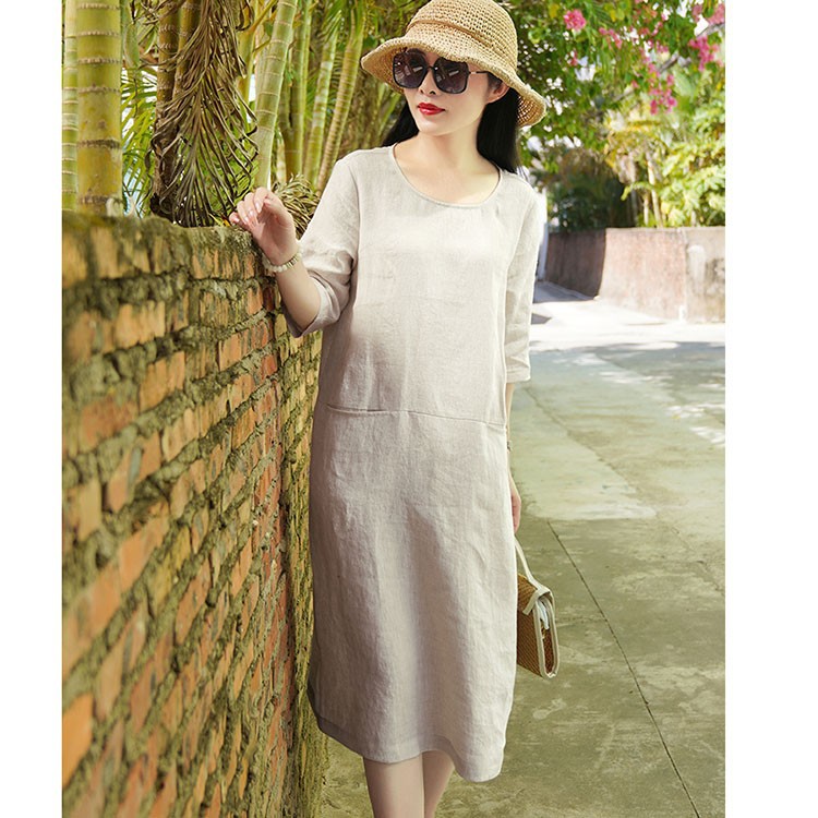 Đầm suông linen tay lỡ 2 túi bổ trước
