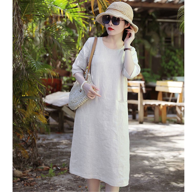 Đầm suông linen tay lỡ 2 túi bổ trước