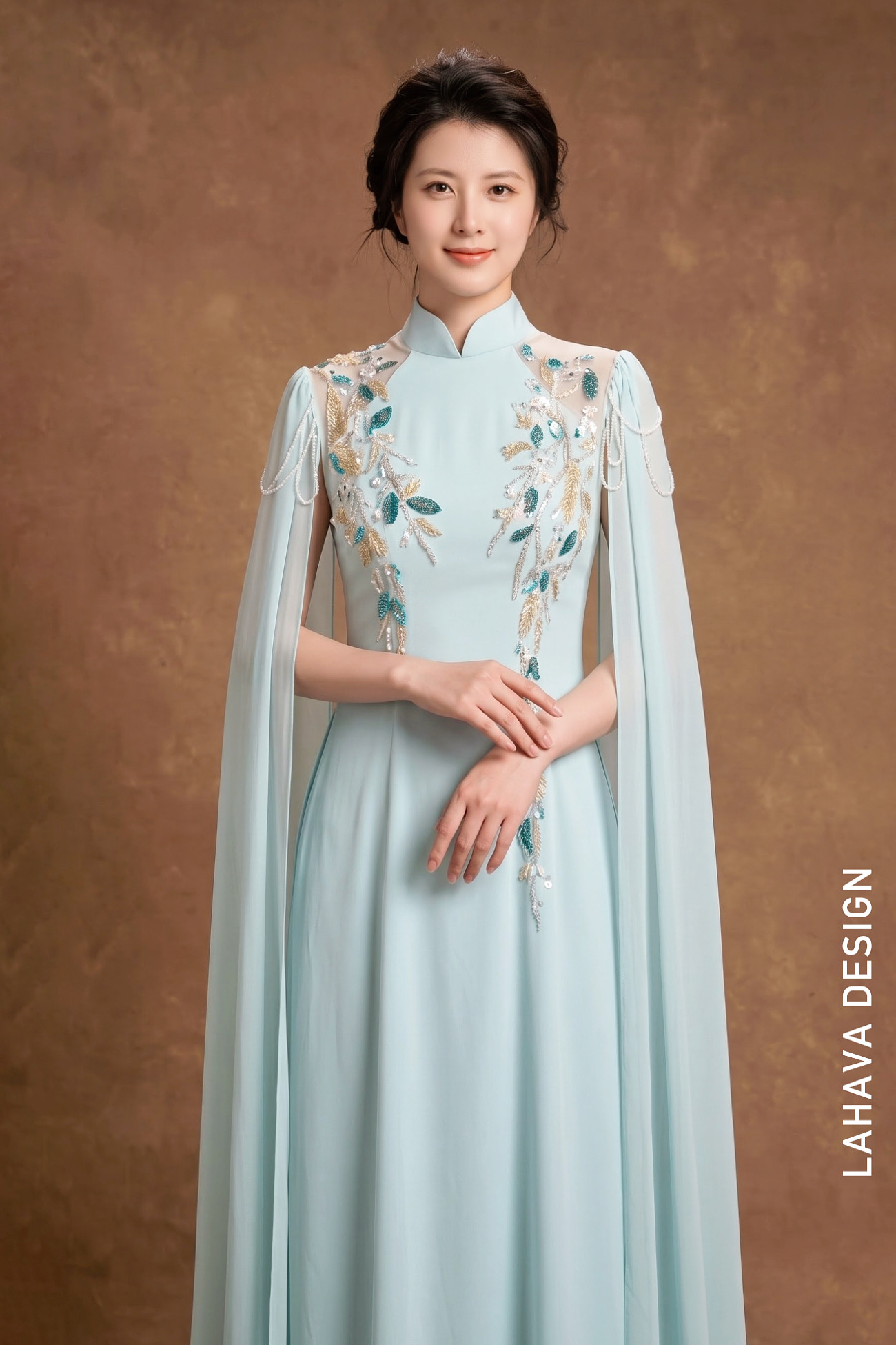 Áo Dài Dạ Hội Xanh Pastel Kèm Tà Choàng Cánh Dơi Đính Kết Cao Cấp