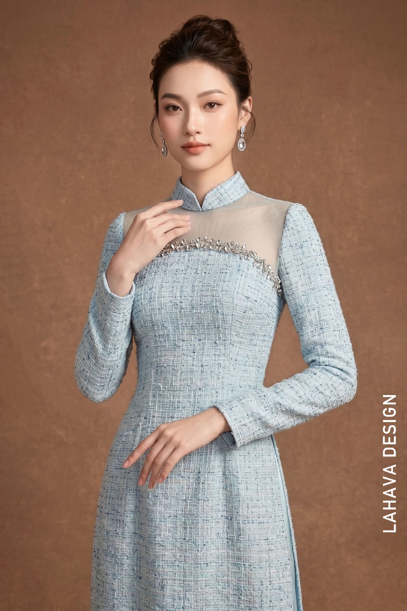 Áo Dài Cách Tân Vải Tweed Phối Voan Kính Cao Cấp