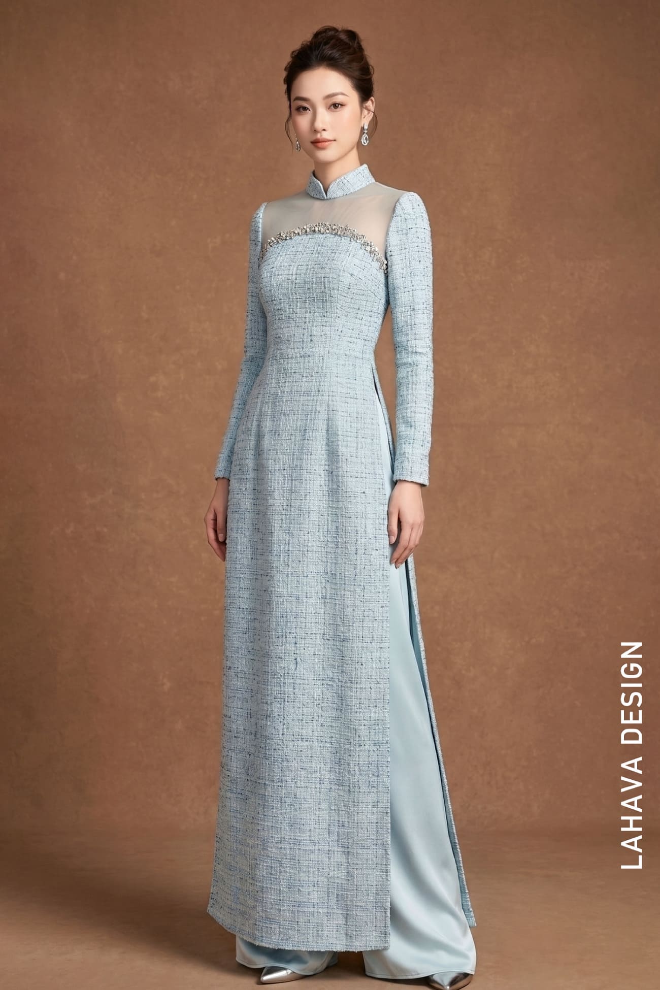 Áo Dài Cách Tân Vải Tweed Phối Voan Kính Cao Cấp