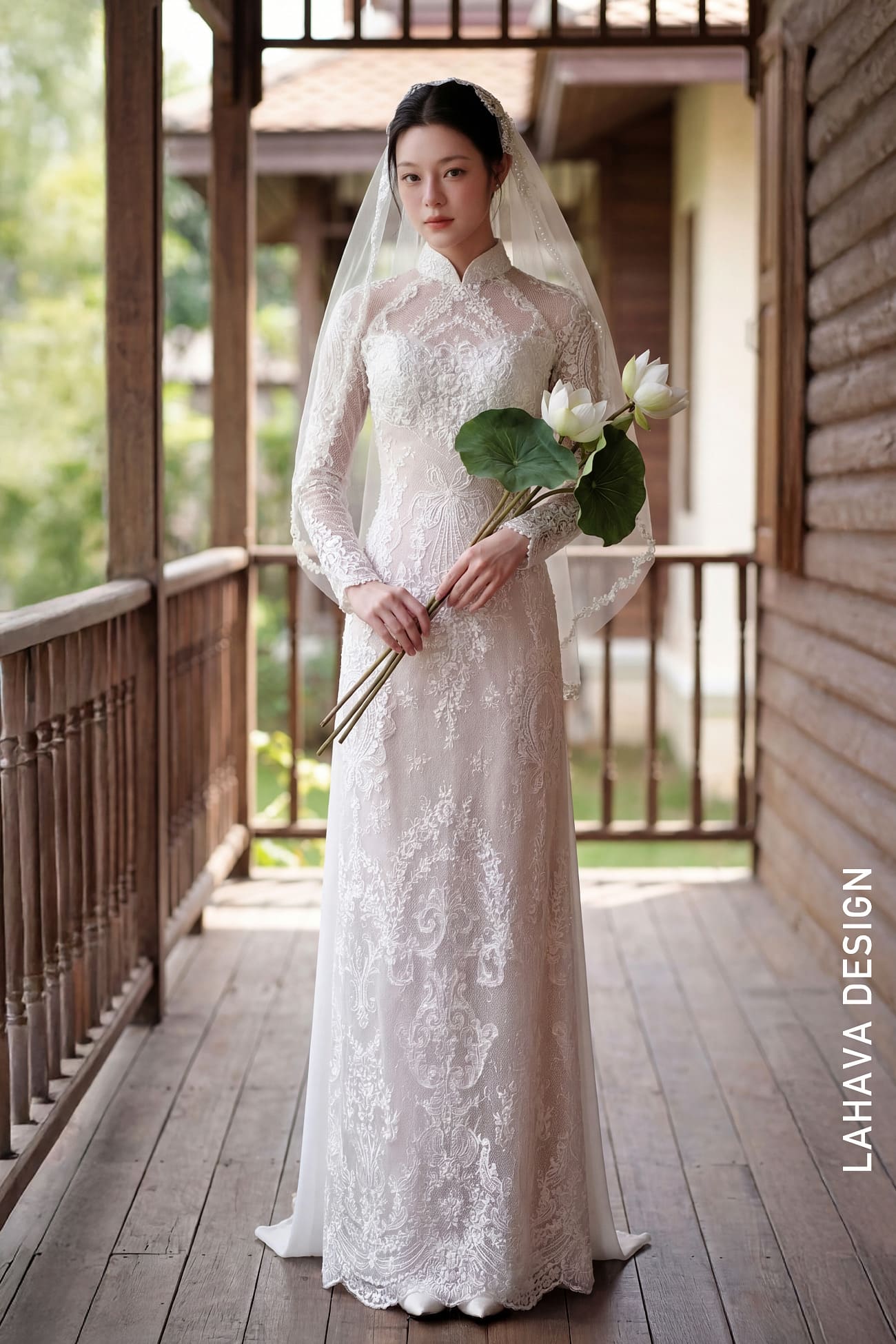 Áo Dài Cưới Ren Trắng Thanh Lịch Kèm Khăn Voan