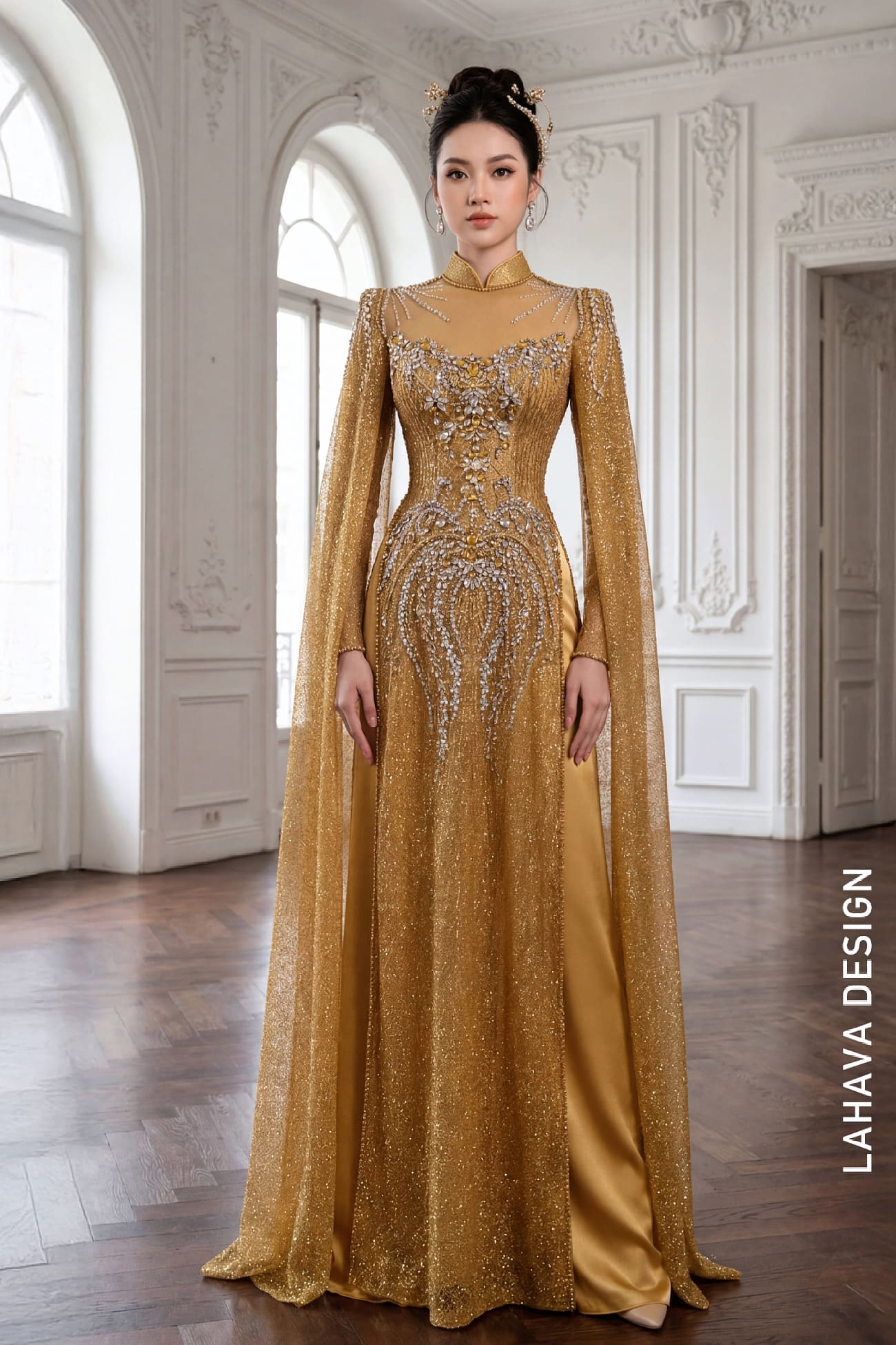 Áo Dài Cưới Vàng Kim Đính Đá Cao Cấp Với Tà Choàng Quyền Quý