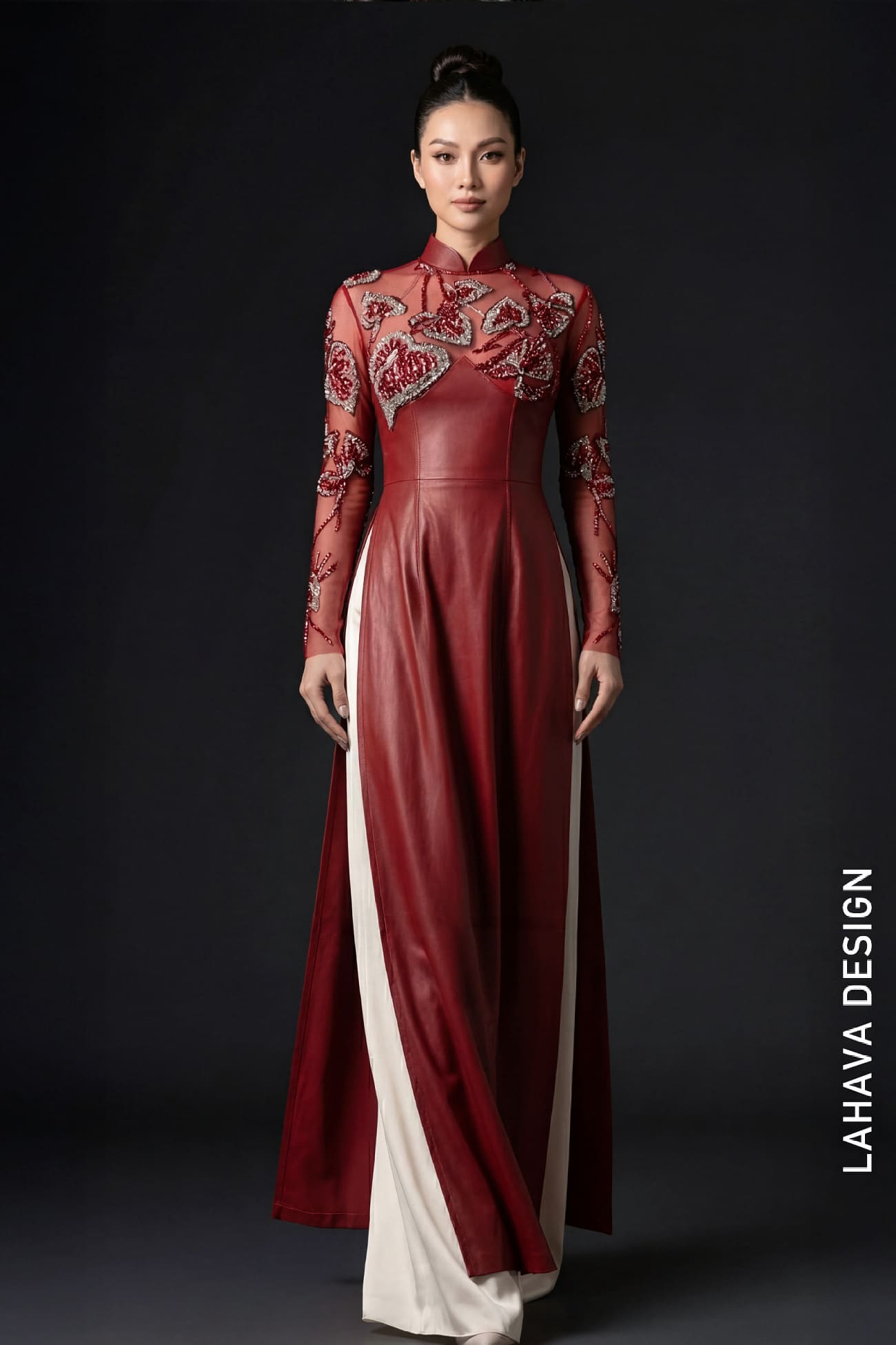 Áo Dài Da Cách Tân Đỏ Đô Đính Đá Thủ Công