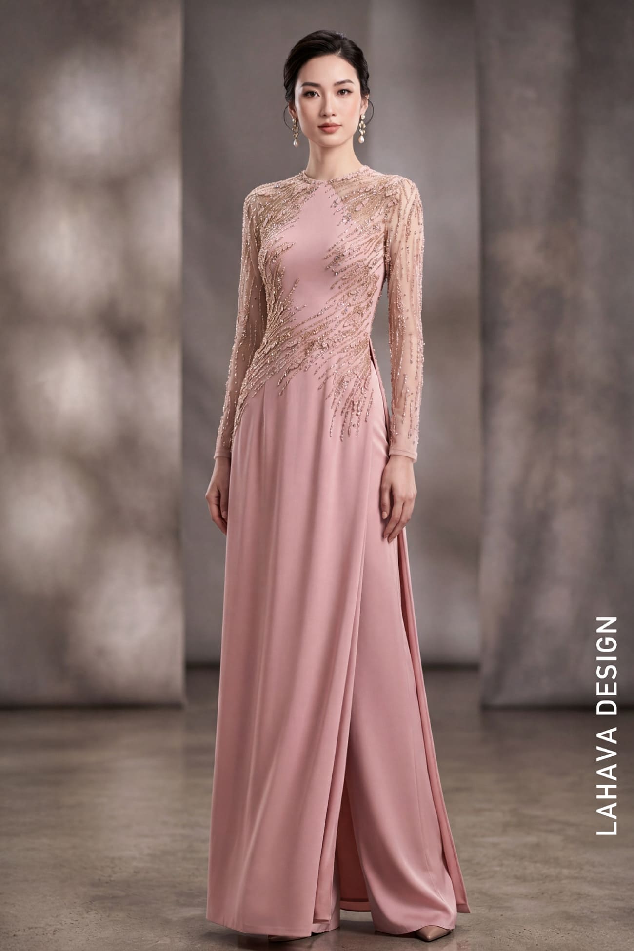 Áo Dài Hồng Phấn Đính Kết Thủ Công Sang Trọng