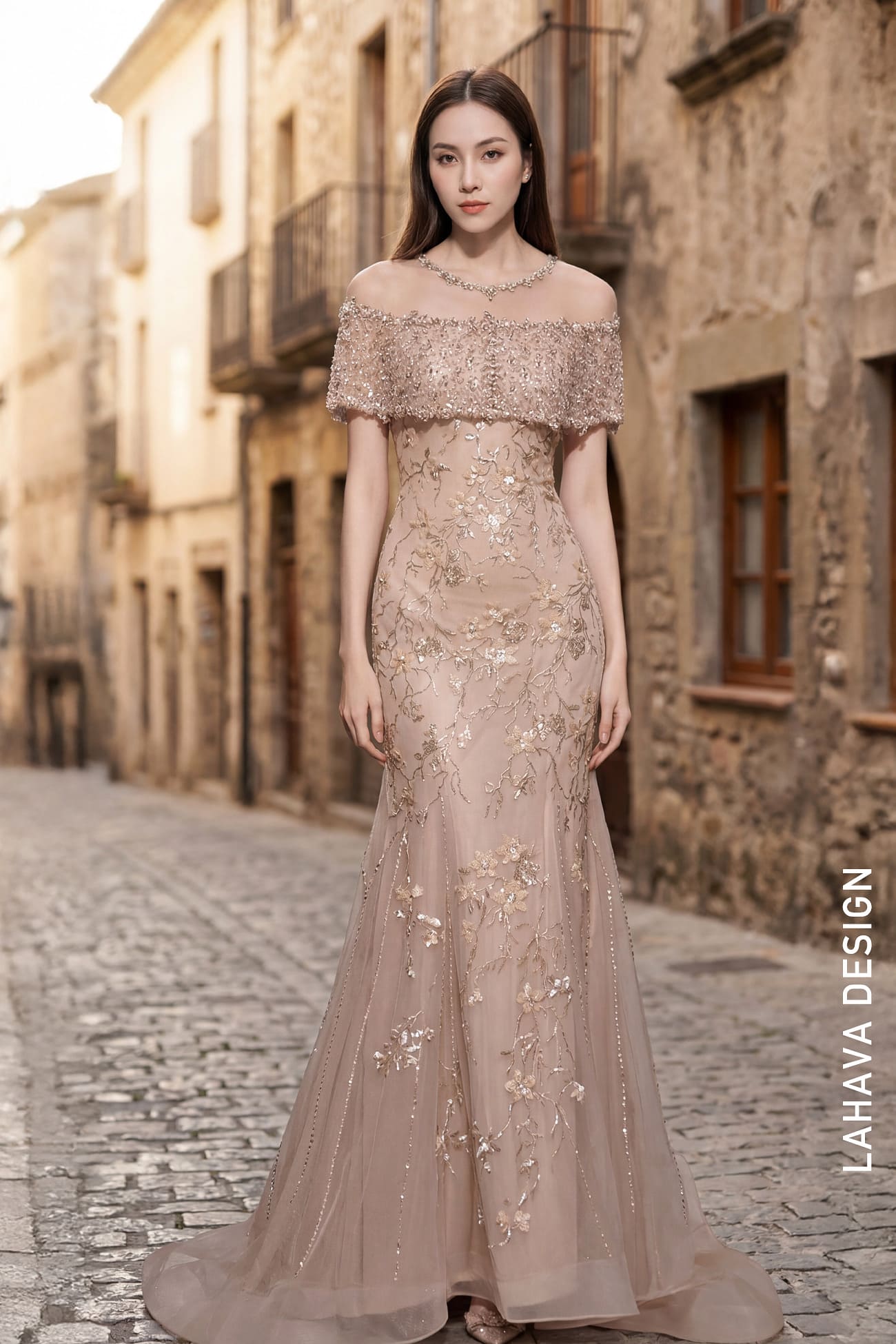 Đầm Dạ Hội Dáng Cá Sắc Nude Đính Kết Cao Cấp