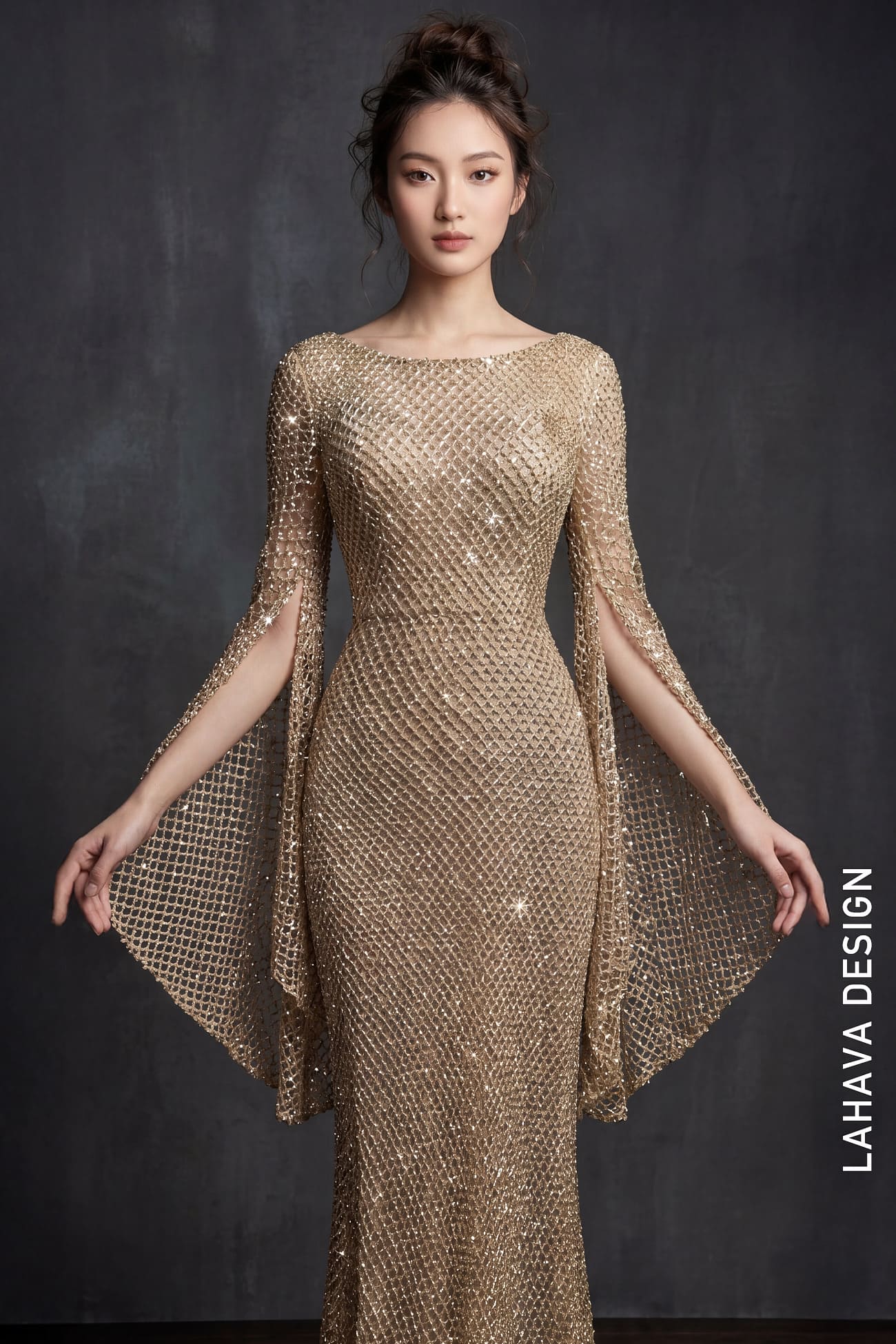 Đầm Dạ Hội Đuôi Cá Ánh Kim Với Thiết Kế Tay Xẻ Tà Sang Trọng